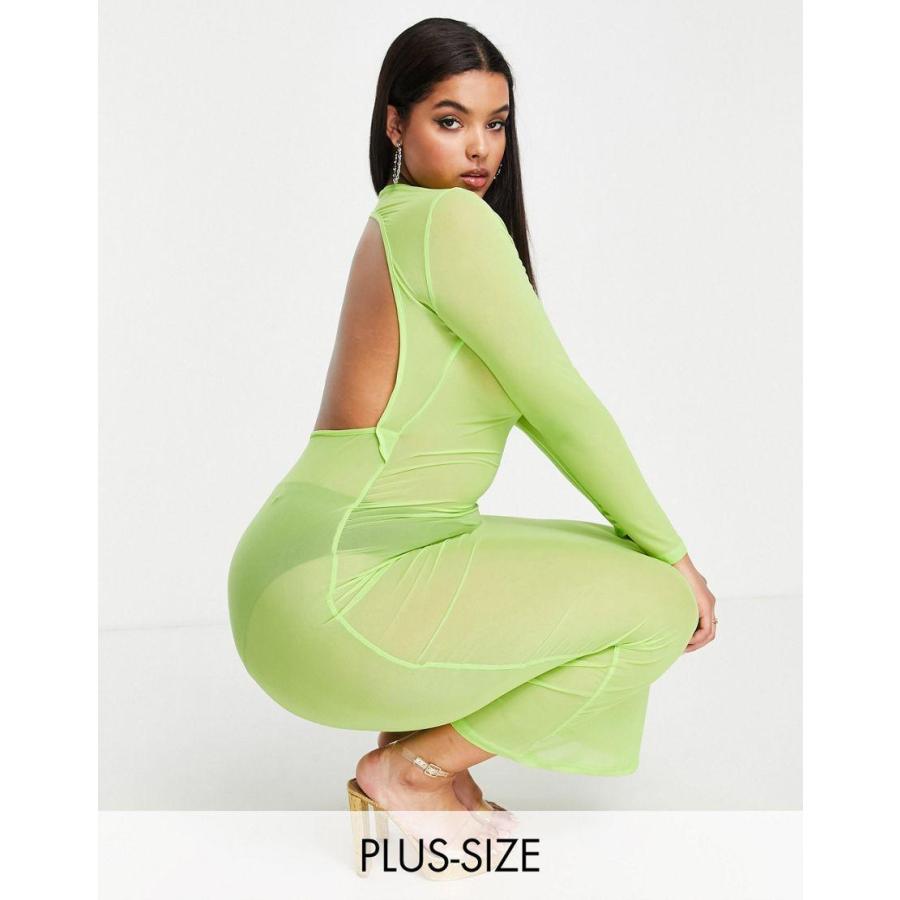 シミ ドレス 大きいサイズ レディース Simmi Plus long sleeve sheer maxi dress in lime エイソ