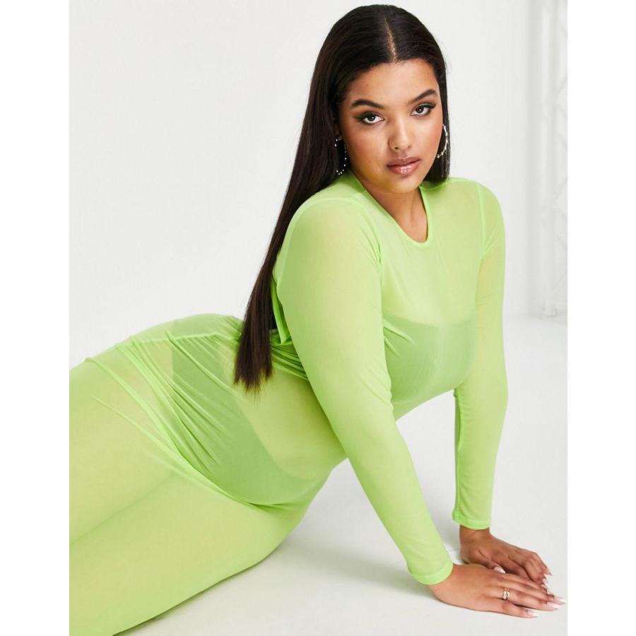 シミ ドレス 大きいサイズ レディース Simmi Plus long sleeve sheer maxi dress in lime エイソ