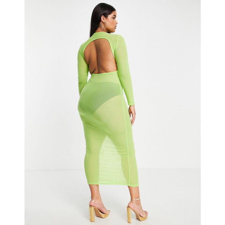 シミ ドレス 大きいサイズ レディース Simmi Plus long sleeve sheer maxi dress in lime エイソ
