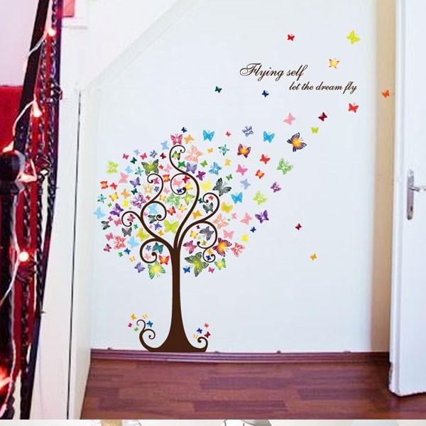 ウォールステッカー おしゃれ かわいい ツリー 木 花柄 カラフル 蝶々