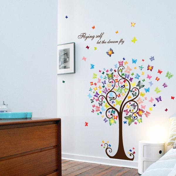 ウォールステッカー おしゃれ かわいい ツリー 木 花柄 カラフル 蝶々
