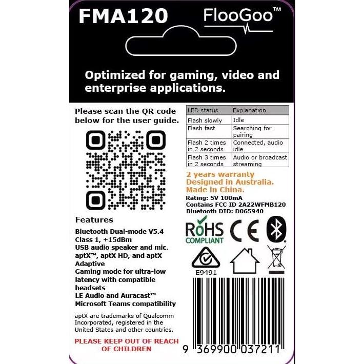 FlooGoo FMA120 Bluetoothデュアルモードオーディオアダプター aptX