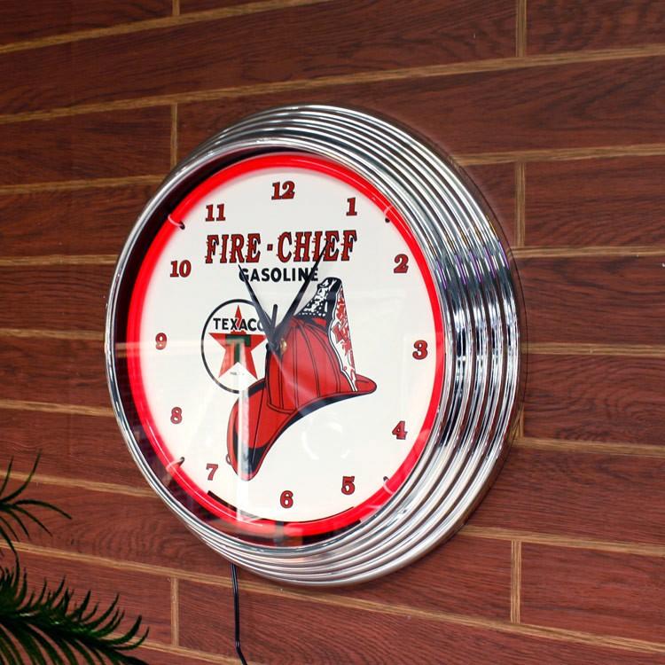 壁掛け 時計 ネオンクロック「TEXACO FIRE-CHIEF GASOLINE」レッド