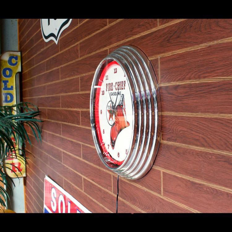 壁掛け 時計 ネオンクロック「TEXACO FIRE-CHIEF GASOLINE」レッド