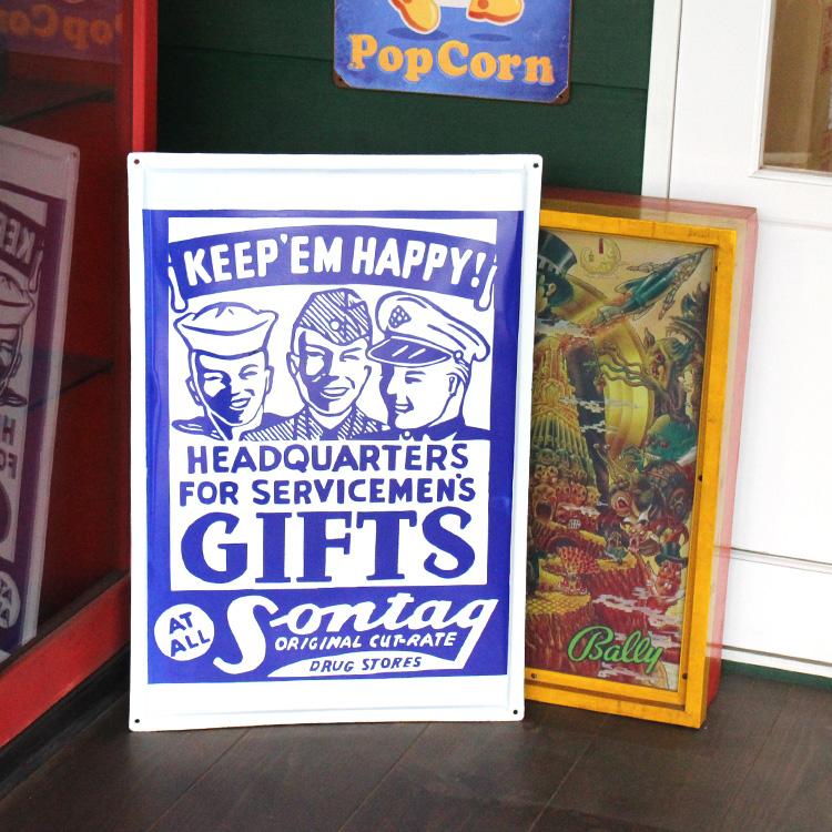 ヴィンテージホーロー看板 KEEP EM HAPPY! GIFTS 縦65×横45cm 1点モノ
