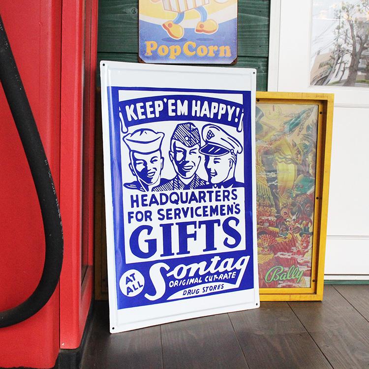 ヴィンテージホーロー看板 KEEP EM HAPPY! GIFTS 縦65×横45cm 1点モノ