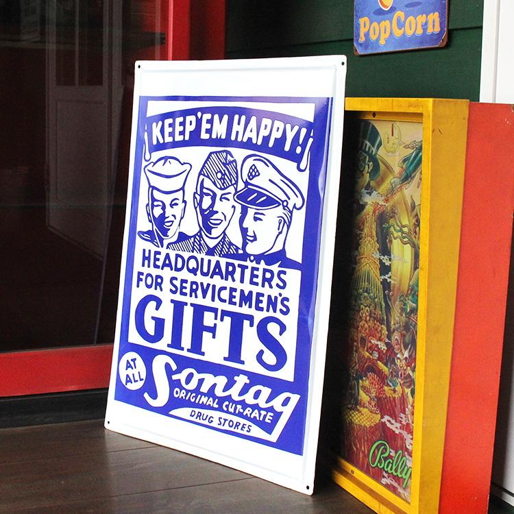 ヴィンテージホーロー看板 KEEP EM HAPPY! GIFTS 縦65×横45cm 1点モノ