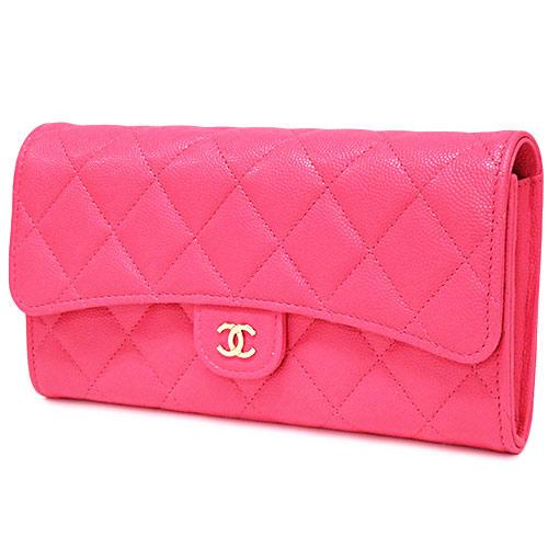 【２点セット】 シャネル 財布 AP0241 クラシック ロング フラップウォレット マトラッセ グレインド シャイニー カーフスキン ピンク ゴールド金具 【W3255125981】(114180円)
