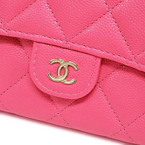 【２点セット】 シャネル 財布 AP0241 クラシック ロング フラップウォレット マトラッセ グレインド シャイニー カーフスキン ピンク ゴールド金具 【W3255125981】(114180円)