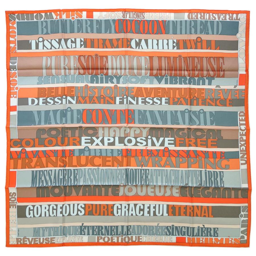 エルメス スカーフ ソルド カレ ツイル シルク100％ 90CMオレンジ/グレー 25351 わけありセール