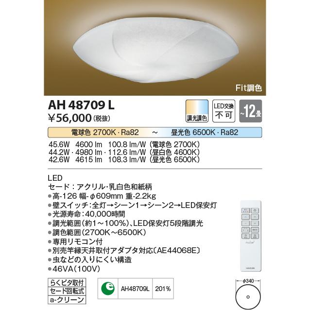 コイズミ照明 和風LEDシーリングライト 弧月(こげつ) 適用畳数:〜12畳 調光調色 AH48709L