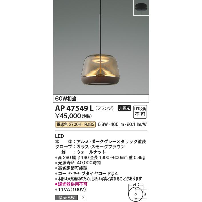 コイズミ照明 LEDペンダント 白熱球60W相当 電球色：AP47549L｜comfort-shoumei｜02