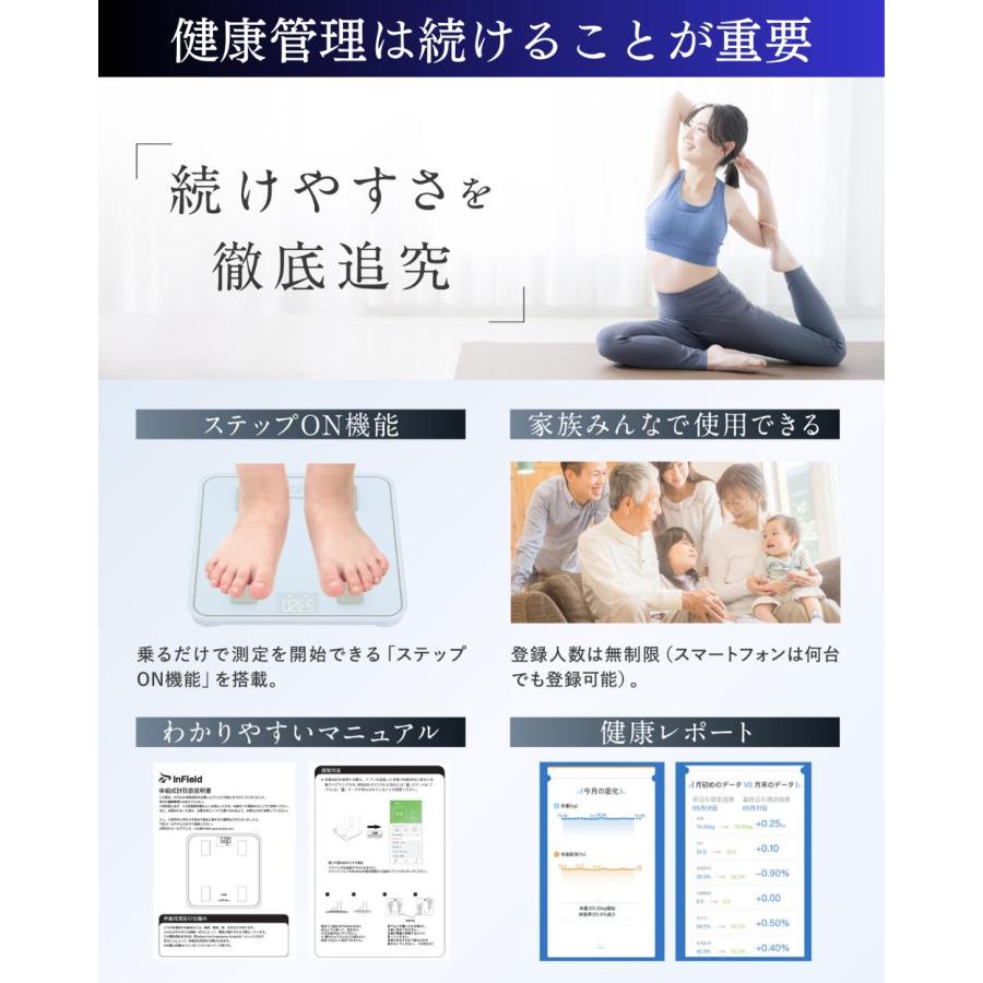 AI×体重計 スマホ連動 体組成計 ランキング 1位 高精度 薄型 軽量 トレーナー監修 体組織計 体脂肪計 体重 体脂肪率 水分率 基礎代謝 体脂肪 ヘルスメーター | InField | 07