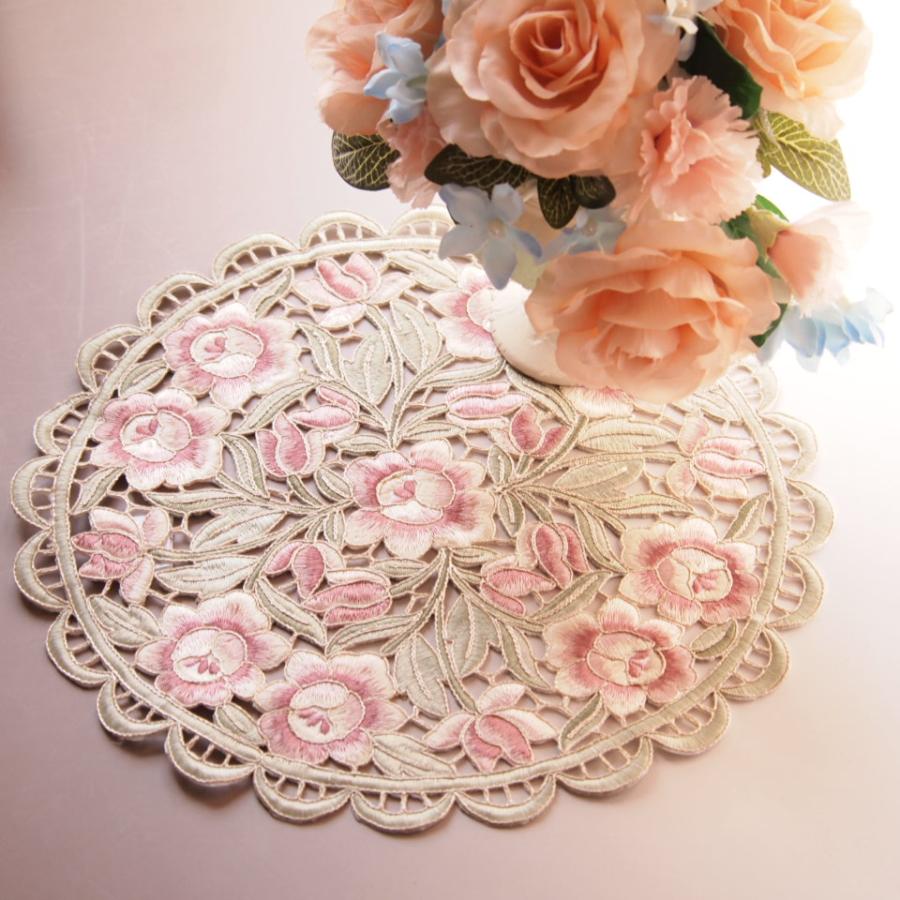 花瓶敷 30cm高級刺繍ドイリー アルテローザ ピンク アンティーク調