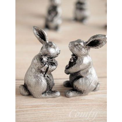 デスクトップオーナメント シルバーラビットペア うさぎ アンティーク