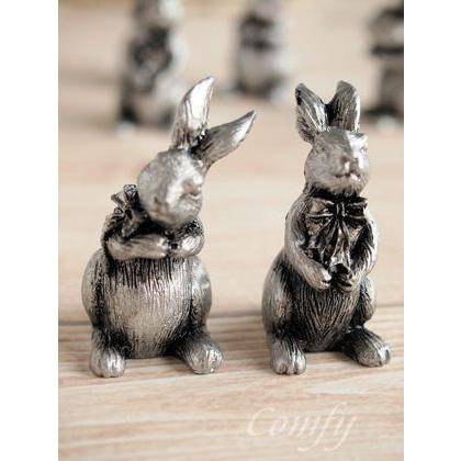 デスクトップオーナメント シルバーラビットペア うさぎ アンティーク
