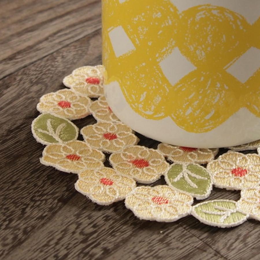高級コード刺繍 コースター 花瓶敷き マイガーデン イエロー 12cm