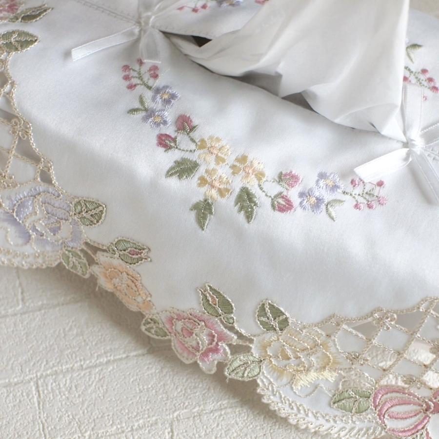 高級刺繍ティッシュカバー ティッシュケース リボン＆ローズ オフ