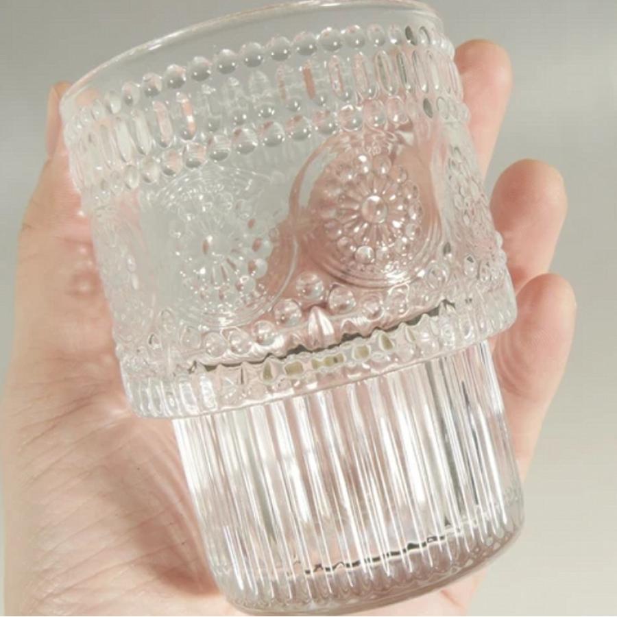 レトロガラス グラス A柄 型押し コップ カフェ風 タンブラー おしゃれ