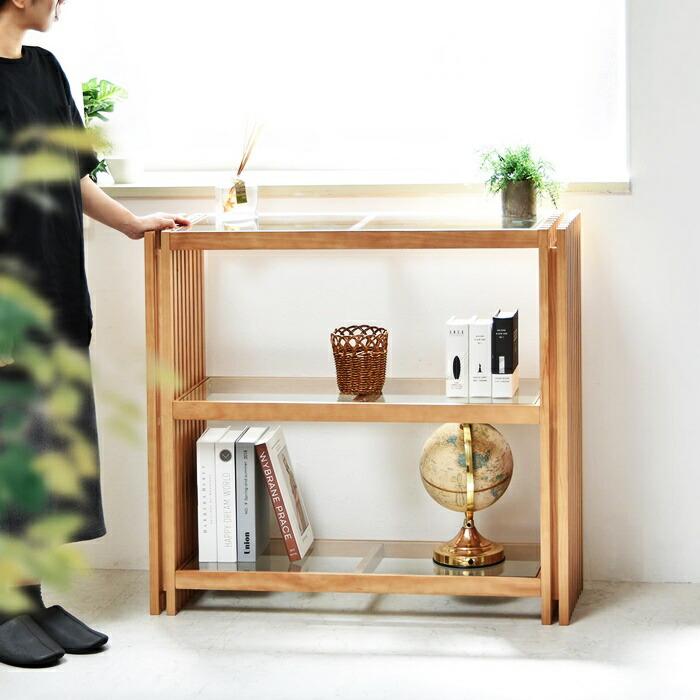 ラック 3段 ガラス棚 天然木 幅 90cm ブラウン オープンラック 飾り棚 見せる収納 和モダン 高級感 和風 和室 北欧 木製 本棚 棚 収納家具 格子 おしゃれ ラック | ブランド登録なし | 12