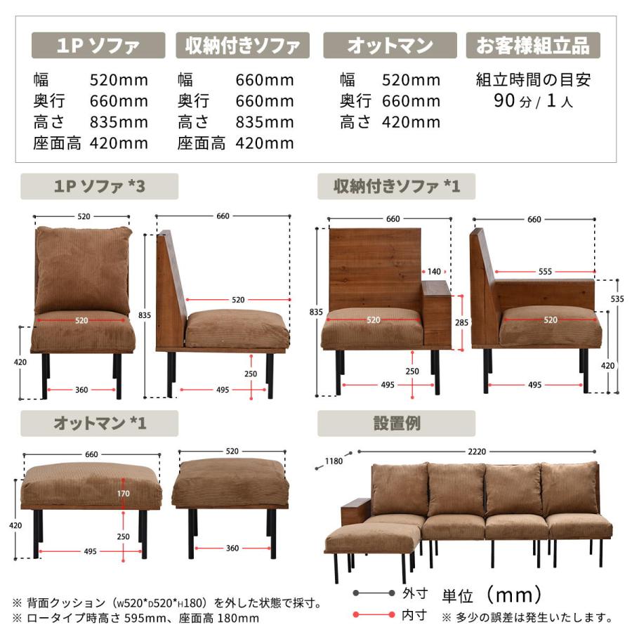 カウチソファー 四人掛け クッション付 脚取り外し フロア ファブリック キャンバス コーデュロイ スチール脚 ベージュ/グリーン/ブラウン リビング ローソファ | ブランド登録なし | 22