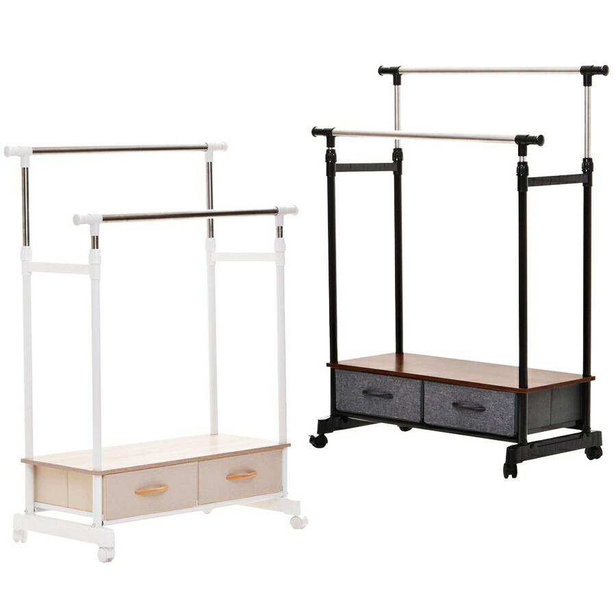 ハンガーラック 棚付き 引き出し付き 2段 左右上下伸縮ハンガー 引出し2個付き 伸縮 長さ調整 長さ調節 ハンガーパイプ2本 ワードローブ 木製 引き出し付き | ブランド登録なし | 21