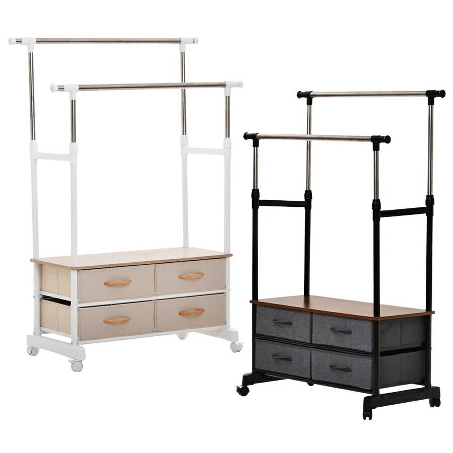 ハンガーラック 棚付き 引き出し付き 2段 左右上下伸縮ハンガー 引出し4個付き 伸縮 長さ調整 長さ調節 ハンガーパイプ2本 ワードローブ 木製 引き出し付き | ブランド登録なし | 21