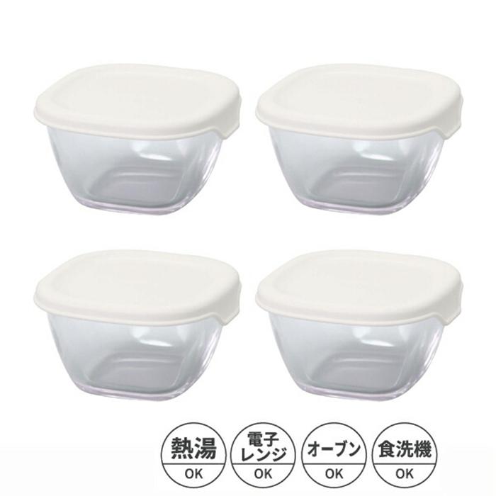 耐熱ミニ角小鉢4個セット ホワイト 耐熱ガラス 保存容器 器 食洗機可 電子レンジ可 おしゃれ セット サラダボウル 豆鉢 前菜鉢 副菜鉢 デザートボウル | 