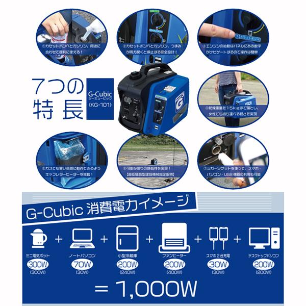 携帯発電機 ジーキュービック 発電機 カセットボンベ ガソリン 小型発電機 携帯用発電機 持ち運び アウトドア 屋外作業 非常用電源 防災 |  | 03