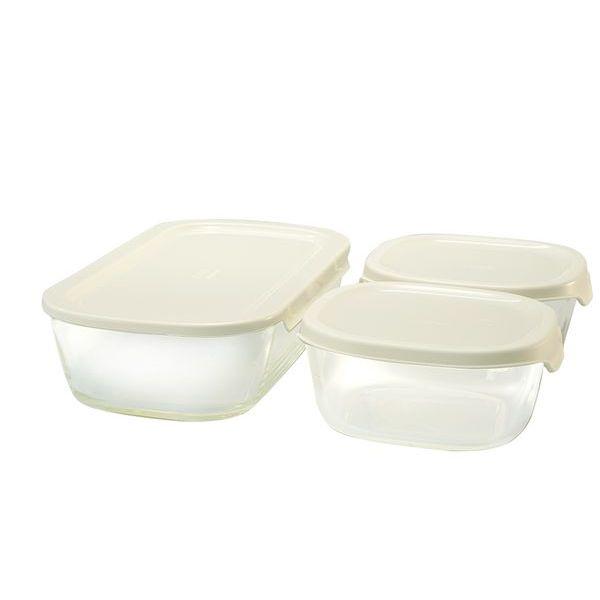 スタッキング耐熱ガラスコンテナ 3個セット 電子レンジ可 食洗器対応 角型保存容器 キッチン 調理器具 | 