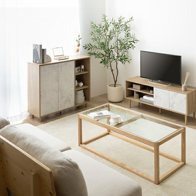 バイカラーキャビネット コンソール サイドボード リビングボード 木製 ストーン柄 石目柄 おしゃれ 北欧 カントリー モダン 電話台 FAX台 インテリア 隠す収納 | ブランド登録なし | 12