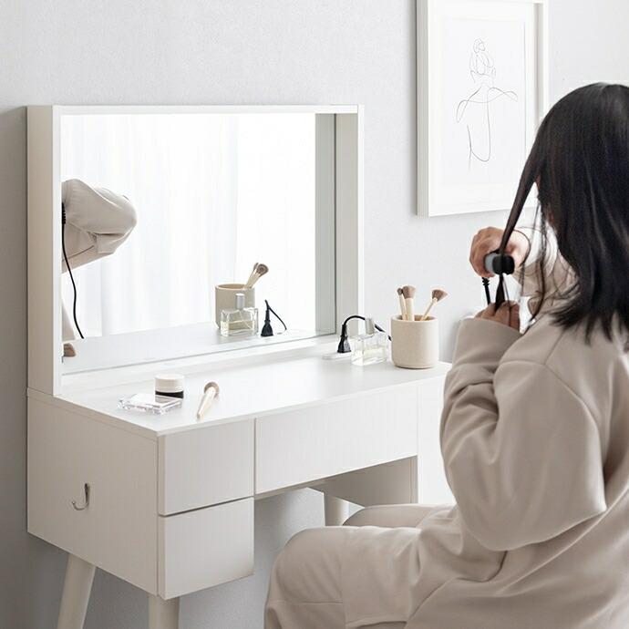 ドレッサーデスク 1面 幅71cm USBポート付き コンセント付き ミラー コンパクト 木製 木目柄 Emu エミュ ホワイト/ナチュラル | ブランド登録なし | 15