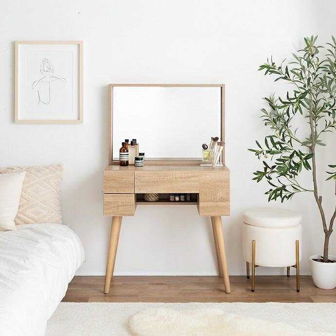 ドレッサーデスク 1面 幅71cm USBポート付き コンセント付き ミラー コンパクト 木製 木目柄 Emu エミュ ホワイト/ナチュラル | ブランド登録なし | 16