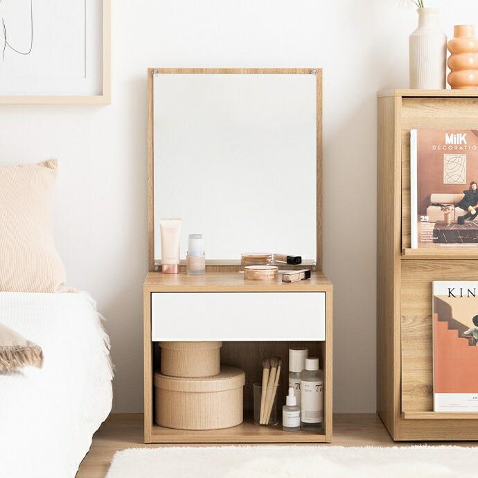 ロードレッサー コンセント付き 引出し付き 一面鏡 幅43cm コンパクト 省スペース 木製 鏡台 木目柄 Lino リノ ナチュラル/ホワイト | ブランド登録なし | 14