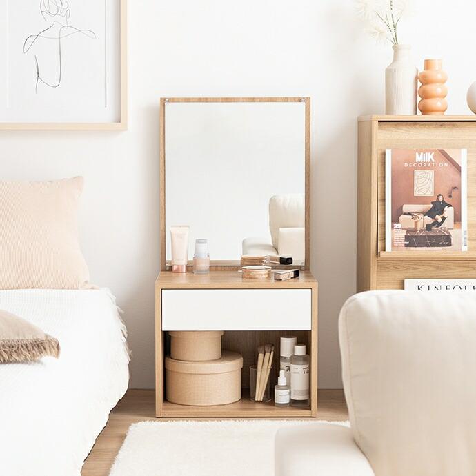 ロードレッサー コンセント付き 引出し付き 一面鏡 幅43cm コンパクト 省スペース 木製 鏡台 木目柄 Lino リノ ナチュラル/ホワイト | ブランド登録なし | 16
