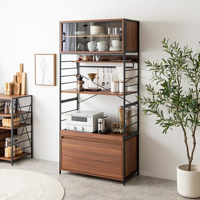 食器棚 幅80cm キャスター付き キッチンラック おしゃれ 北欧 カントリー ヴィンテージ カップボード キッチンボード スライド収納 スライド棚 木目 台所ラック | ブランド登録なし | 12