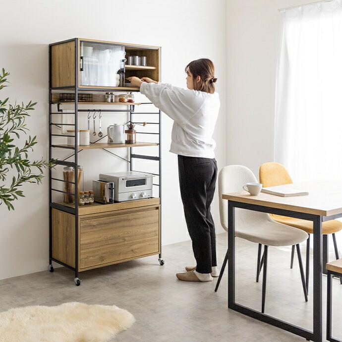 食器棚 幅80cm キャスター付き キッチンラック おしゃれ 北欧 カントリー ヴィンテージ カップボード キッチンボード スライド収納 スライド棚 木目 台所ラック | ブランド登録なし | 13