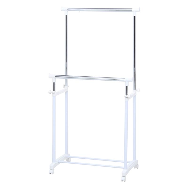 5個セット まとめ買い パイプダブルハンガー ホワイト ハンガーラック コートハンガー キャスター付き 洋服ラック 洋服掛け 省スペース 丈夫 伸縮 高さ調整 | 
