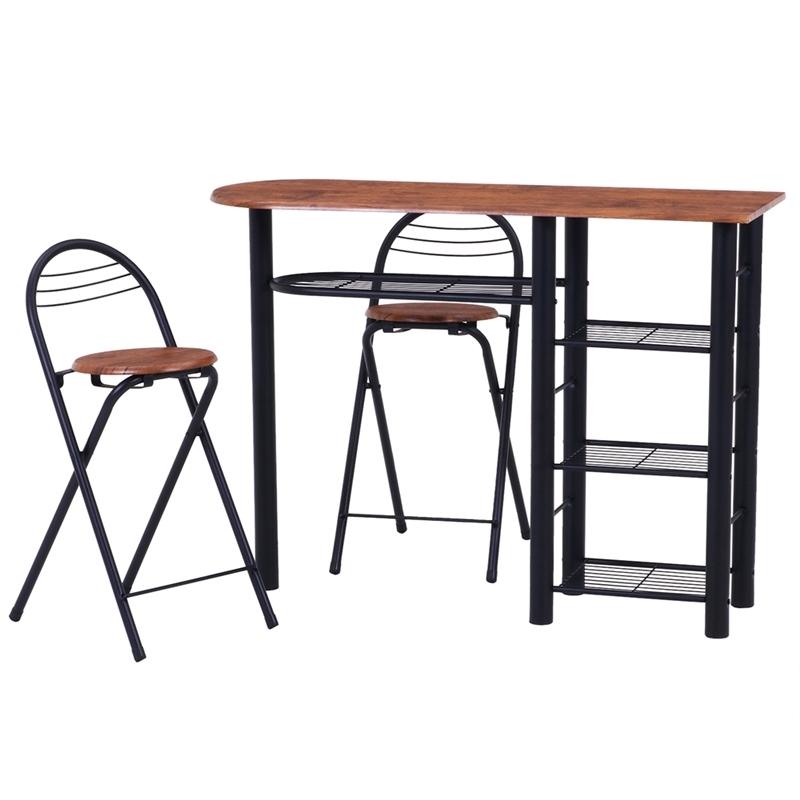 カウンターテーブルチェア ３点セット ブラウン 2人掛け 2人用 棚 収納付き幅120cm テーブル チェアー セット 北欧 食卓テーブル 折り畳み椅子 | 