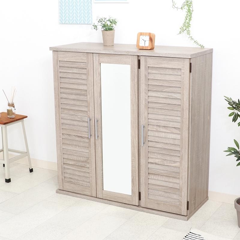 ルーバー＆ミラー付きシューズボックス 幅90cm ホワイトオーク 下駄箱 シューズ ボックス シューズラック スリム 鏡付き 可動棚 収納 玄関収納 靴箱 通気性 |  | 05