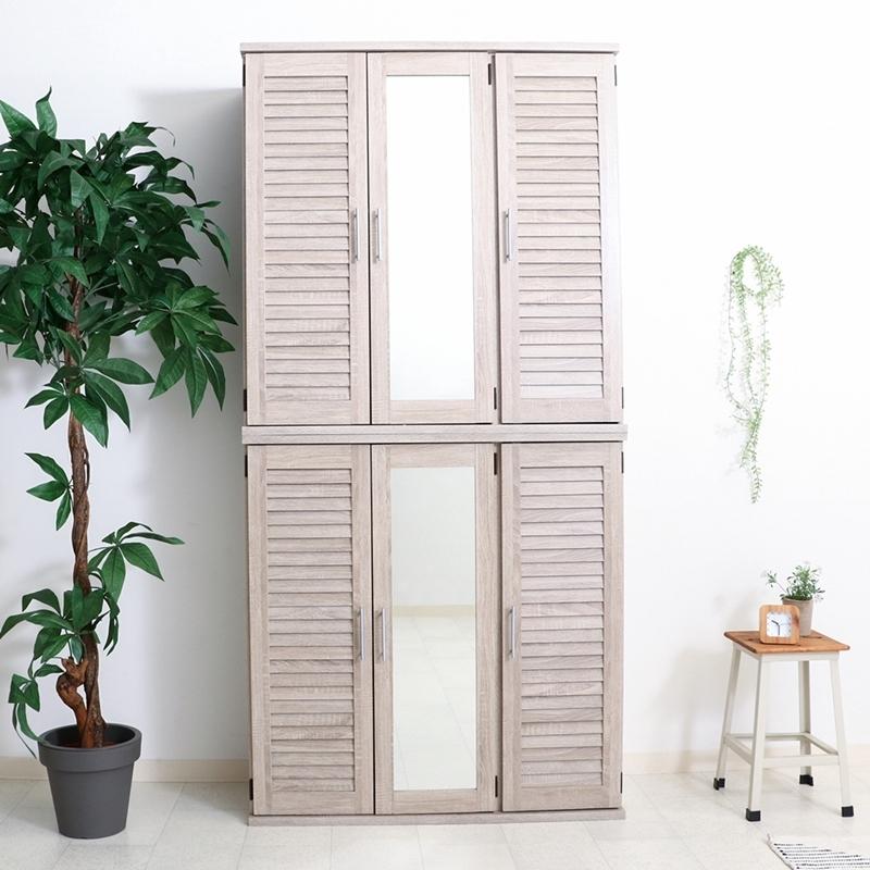 ルーバー＆ミラー付きシューズボックス 幅90cm ホワイトオーク 下駄箱 シューズ ボックス シューズラック スリム 鏡付き 可動棚 収納 玄関収納 靴箱 通気性 |  | 06