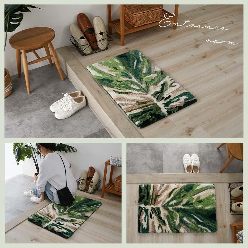 玄関マット モンステラ 50x80cm グリーン 洗える 洗濯機対応 すべり止め ホットカーペット対応 ウォッシャブル リーフ柄 マイクロファイバー 立体感 緑色 インテ | ブランド登録なし | 07