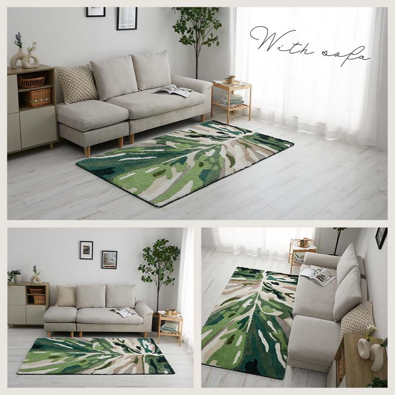 リビングラグ モンステラ 110x190cm グリーン 洗える 洗濯機対応 すべり止め ホットカーペット対応 ウォッシャブル リーフ柄 マイクロファイバー 立体感 緑色 イ | ブランド登録なし | 06