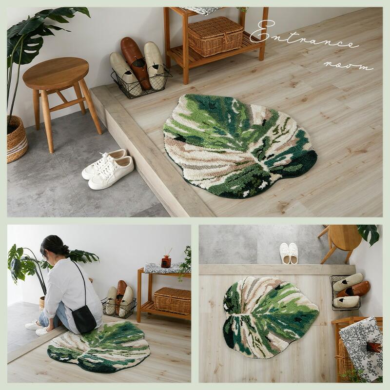 玄関マット モンステラ 75x90cm グリーン 洗える 洗濯機対応 すべり止め ホットカーペット対応 ウォッシャブル リーフ柄 マイクロファイバー 立体感 緑色 インテ | ブランド登録なし | 07