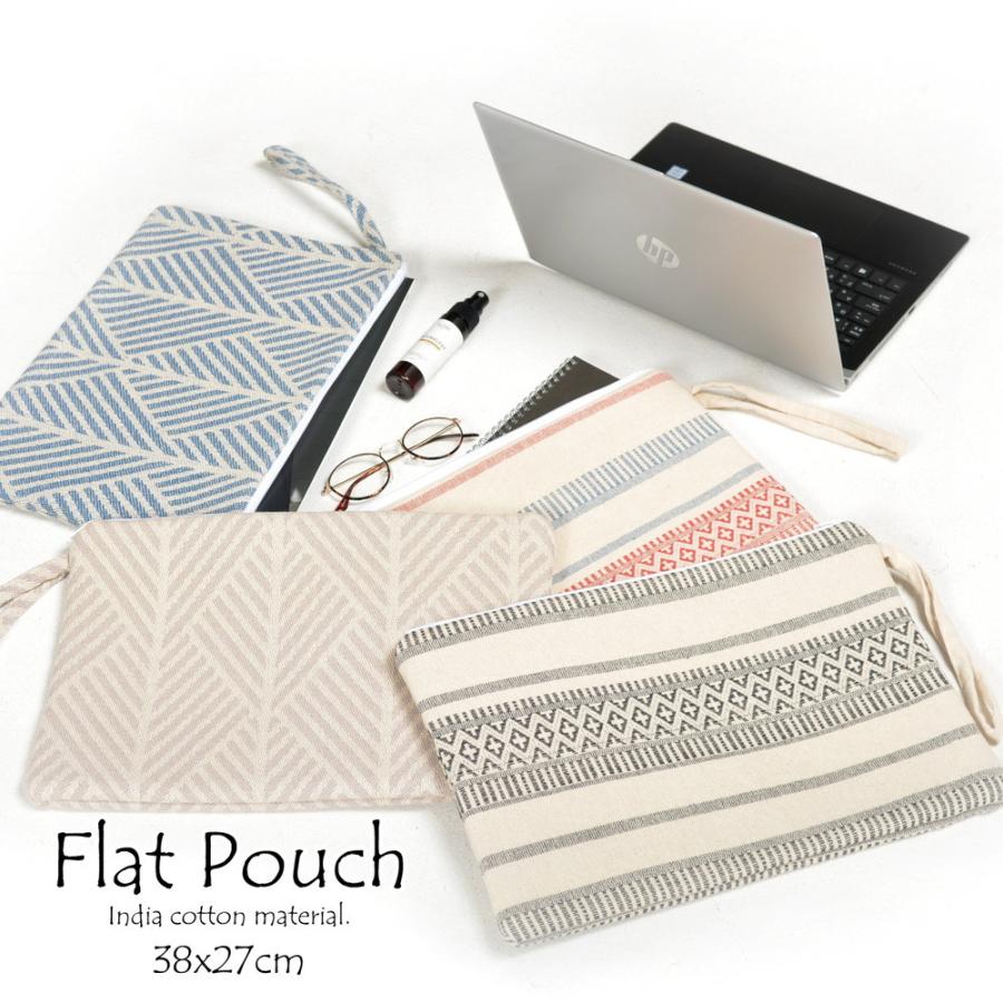 インド綿 大きめフラットポーチ クラッチバッグ クラック 約38x27cm ハンドバック パソコンケース ノートパソコンバッグ A4サイズ ビジネス PCバッグ タブレット | 