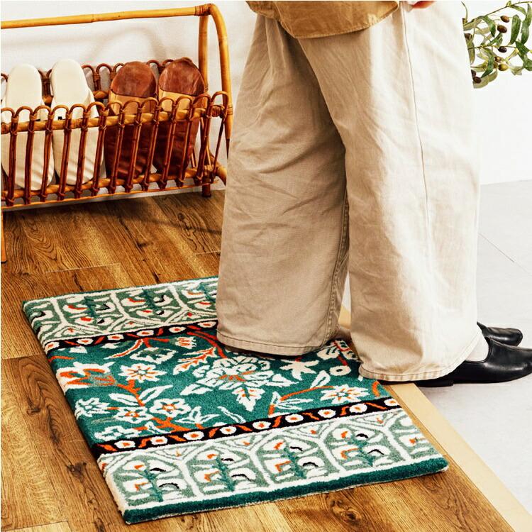 玄関マット 約50×80cm ウールマット ポタリー エントランスマット おしゃれ 北欧 レトロ 花柄 フラワー柄 インテリアマット 総柄 グリーン ネイビー イエロー | ブランド登録なし | 16