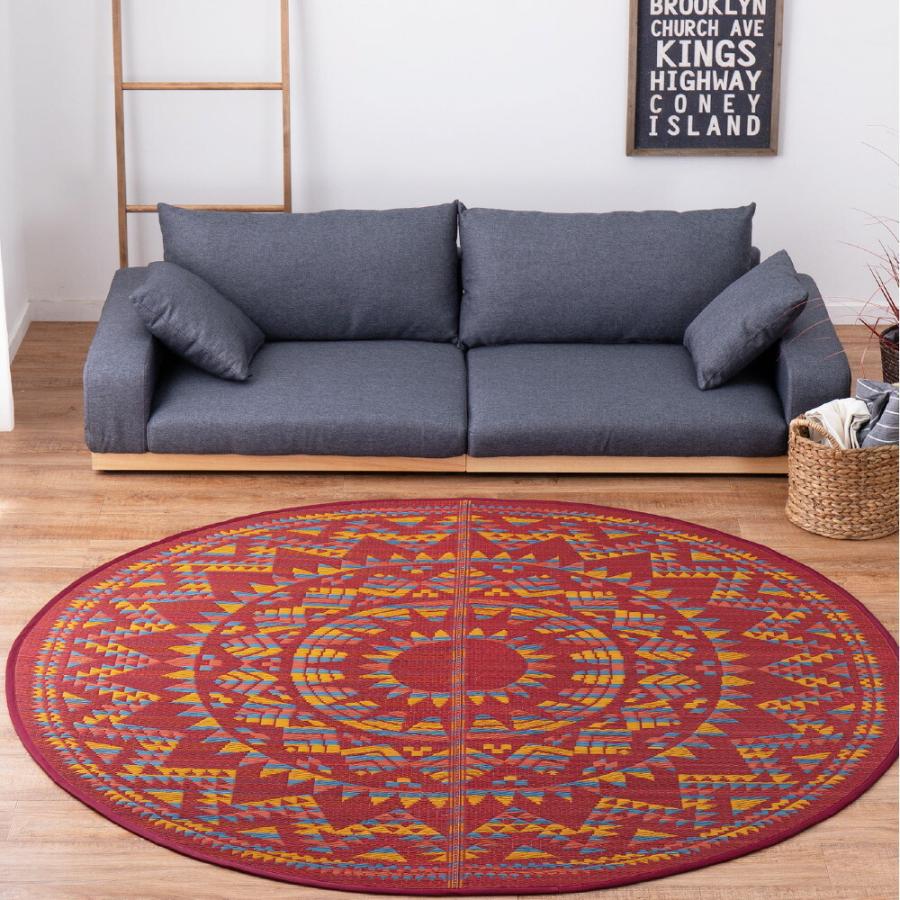 アステカ柄 い草ラグ カーペット 裏貼有 畳上敷き 畳 茣蓙 い草マット センターラグ  マット ラグマット アステカ 直径約180cm レッド カーペット 防カビ |  | 05