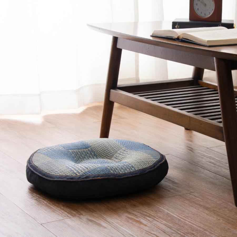 い草円座クッション デニムパッチ 約40R×8cm クッション 座布団 ざぶとん 和室 シンプル モダン 飲食店 旅館 敬老の日 | 