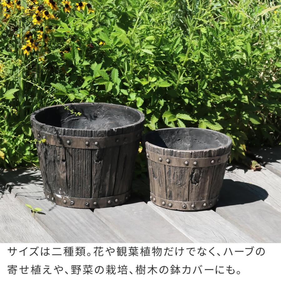 バレル型プランター 大小2個組（直径24・30cm） FRP製 ダークブラウン アンティーク プランター 円形 樽型 植木鉢 プランターカバー ガーデン おしゃれ 庭 北欧 | ブランド登録なし | 06