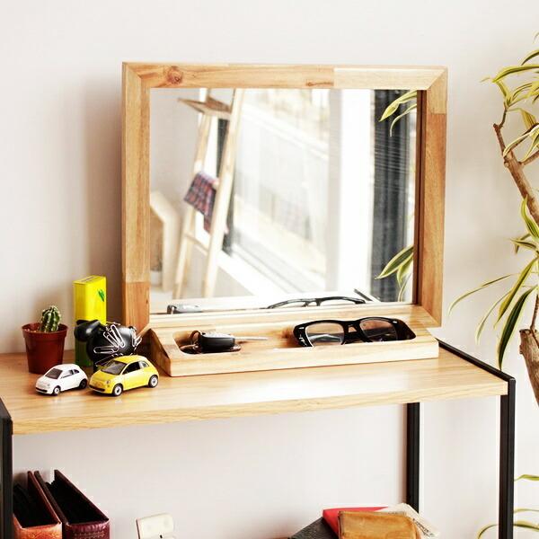 卓上ミラー 自立式 小物置き スタンドミラー テーブルミラー デスクミラー 化粧鏡 アンティーク風 かわいい おしゃれ 北欧 木製 コスメミラー | 